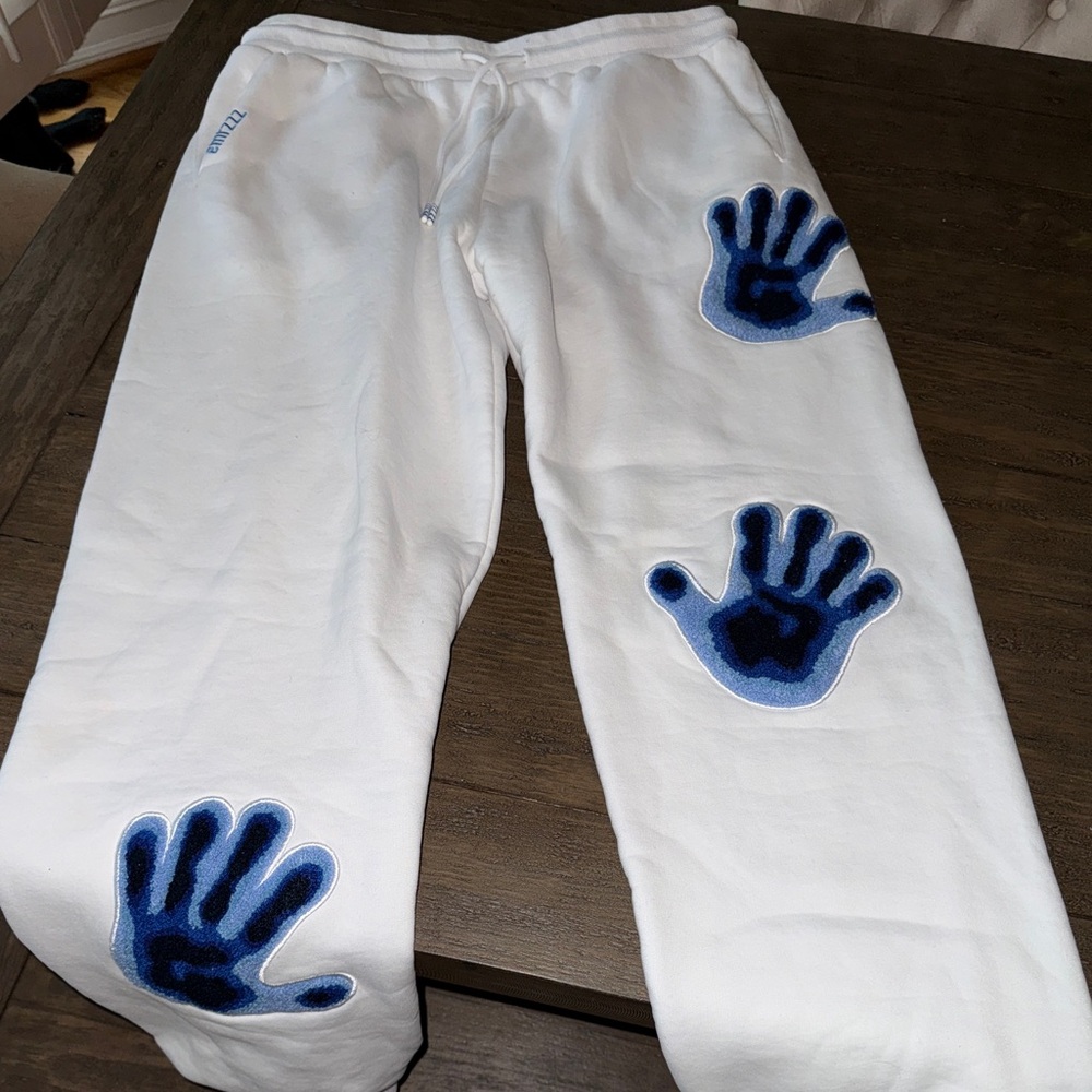 EMRZZZ White Sweatpants with Blue Handprint Design Large